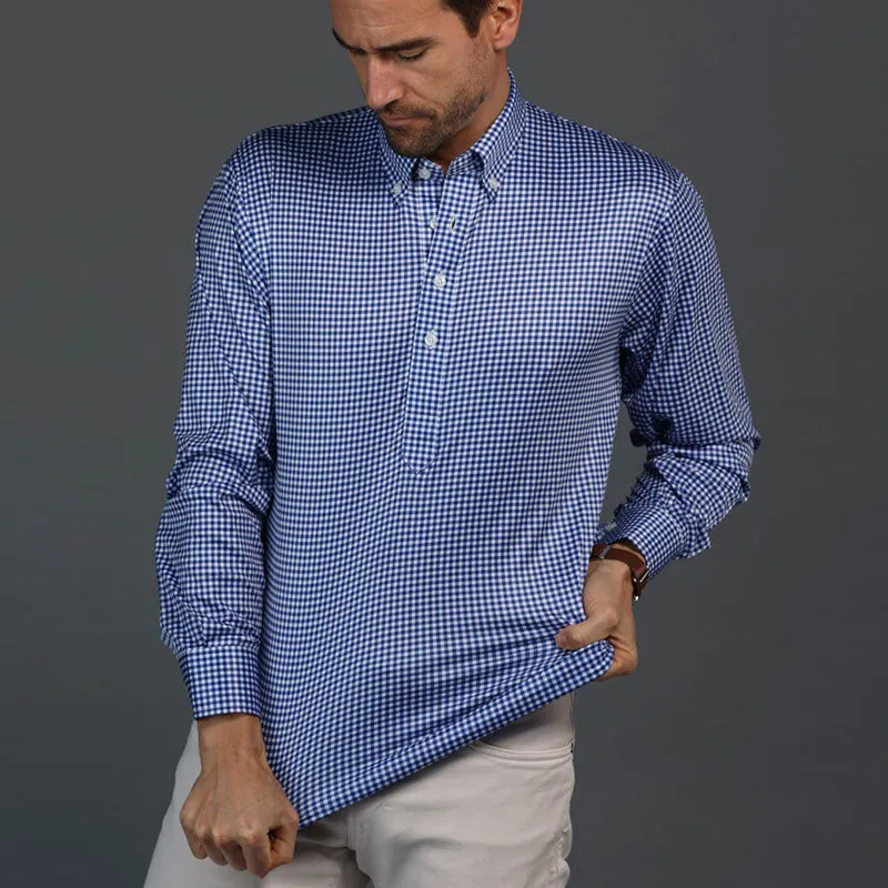 Oxford Button Down Collar Polo Long Sleeve Blue Gingham