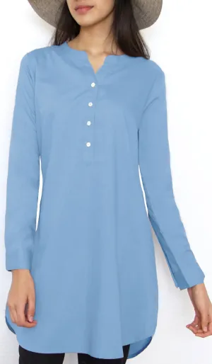 Parisa Mostly Cotton Long Modest Everyday Tunic - French Blue