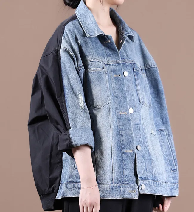 Patchwork Short Washed Denim Women Autumn Casual Coat Loose Jacket Plus Size