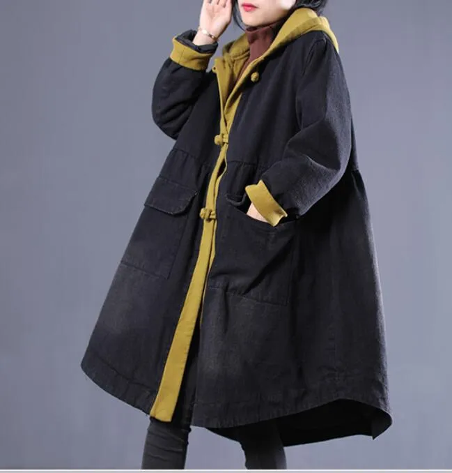 Patchwork Women Casual Padded Coat Loose Hooded A line Parka Plus Size Coat Jacket