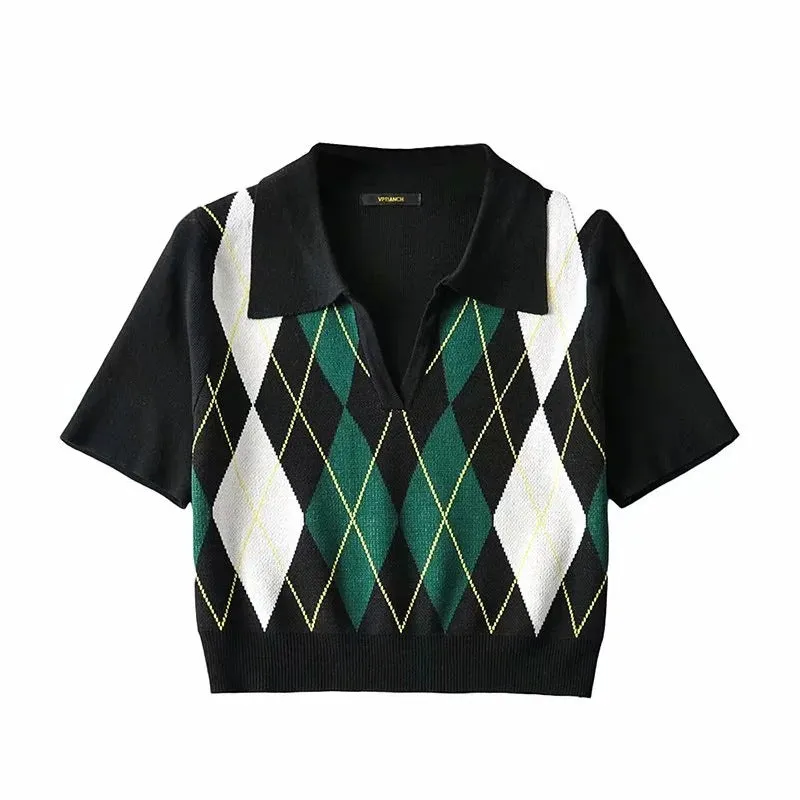 polo collar argyle sweater college style pullover women tee plaid knitwear