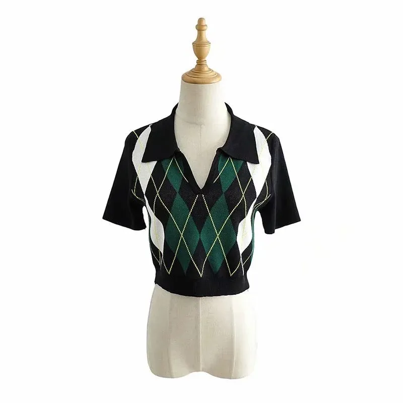 polo collar argyle sweater college style pullover women tee plaid knitwear