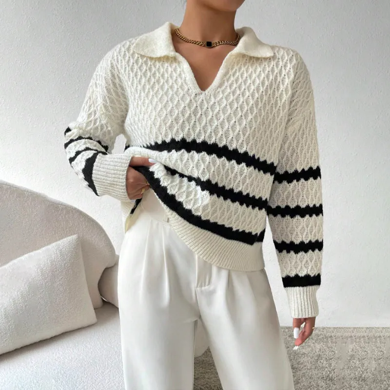 Polo Collar Pullover Classic Striped Sweater