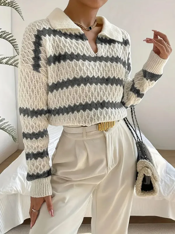 Polo Collar Pullover Classic Striped Sweater