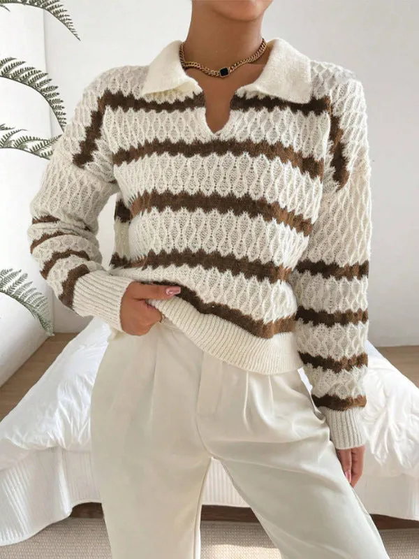 Polo Collar Pullover Classic Striped Sweater