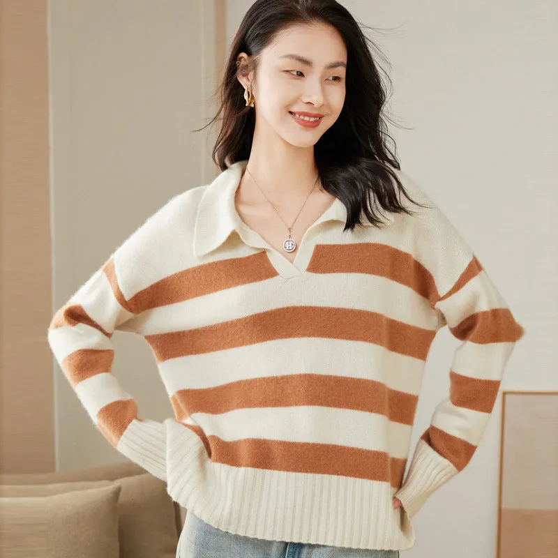 POLO Collar Striped Thickened Loose Pullover Sweater for Women