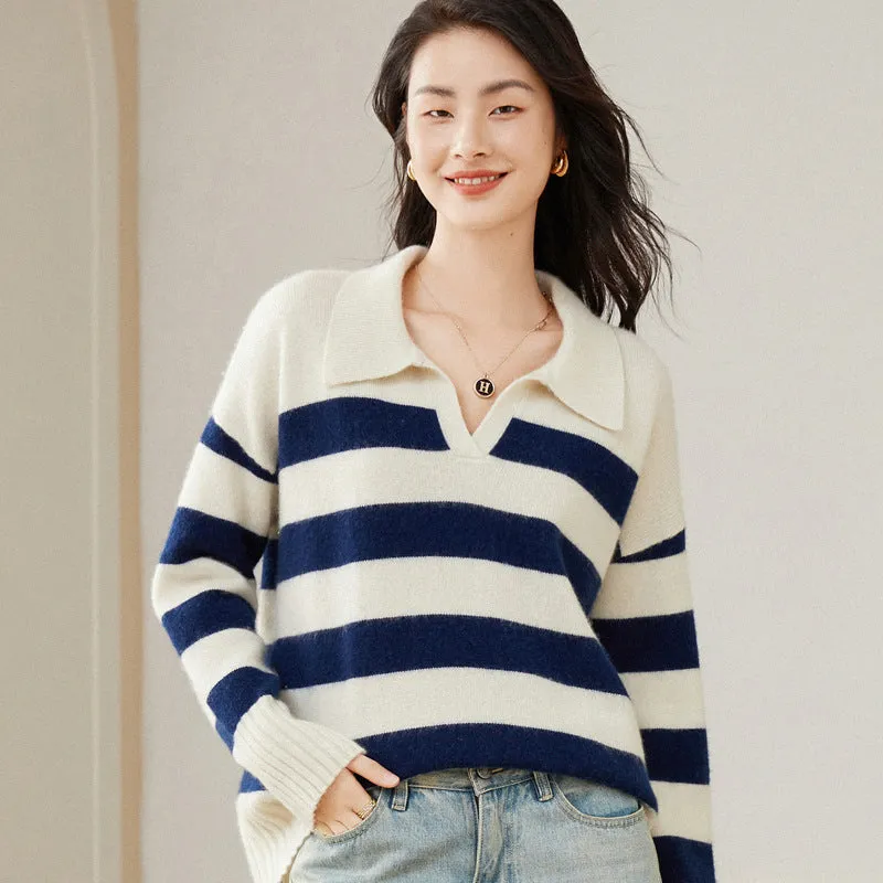 POLO Collar Striped Thickened Loose Pullover Sweater for Women