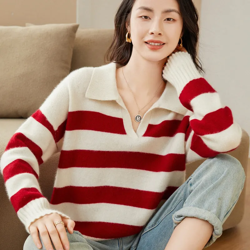 POLO Collar Striped Thickened Loose Pullover Sweater for Women