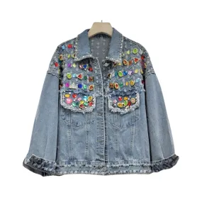 Pre Order:  Colorful Diamond Pearl Burrs Ripped Denim Jacket