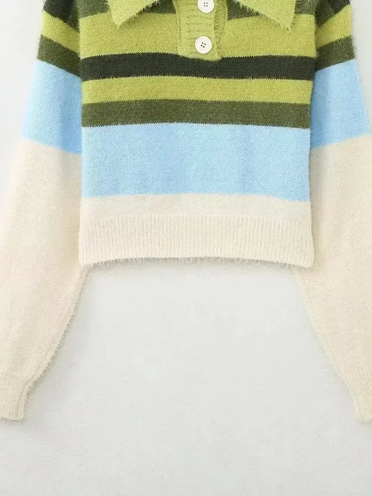 Pre Order:  Polo Neck Striped Short Sweater