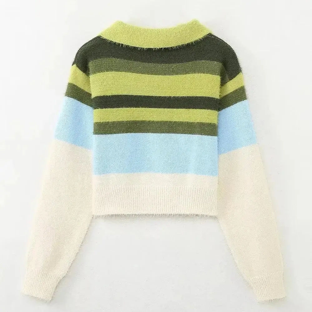 Pre Order:  Polo Neck Striped Short Sweater