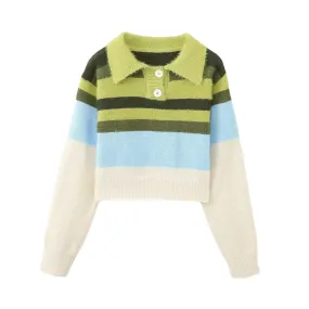 Pre Order:  Polo Neck Striped Short Sweater