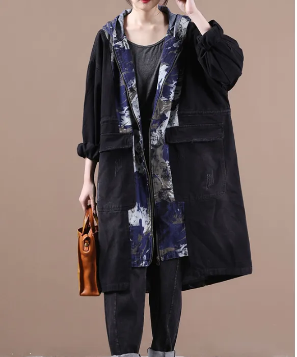 Print Denim Hooded A-line Long Women Casual Parka Plus Size Fall Coat Jacket JT200945