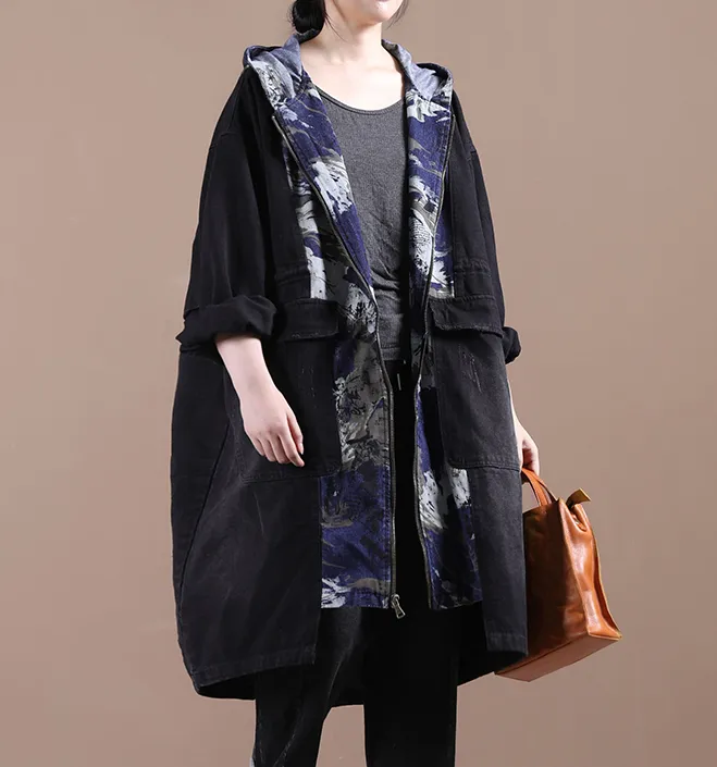 Print Denim Hooded A-line Long Women Casual Parka Plus Size Fall Coat Jacket JT200945