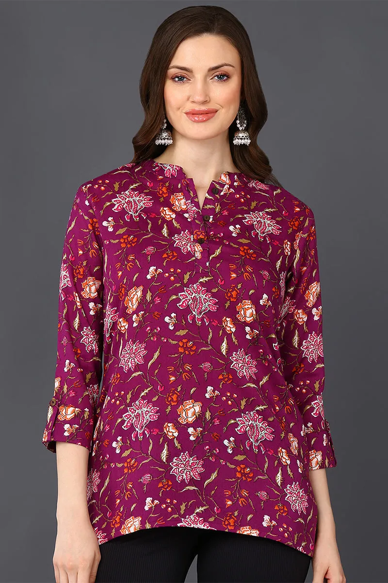 Purple Cotton Blend Floral Printed Straight Tunic