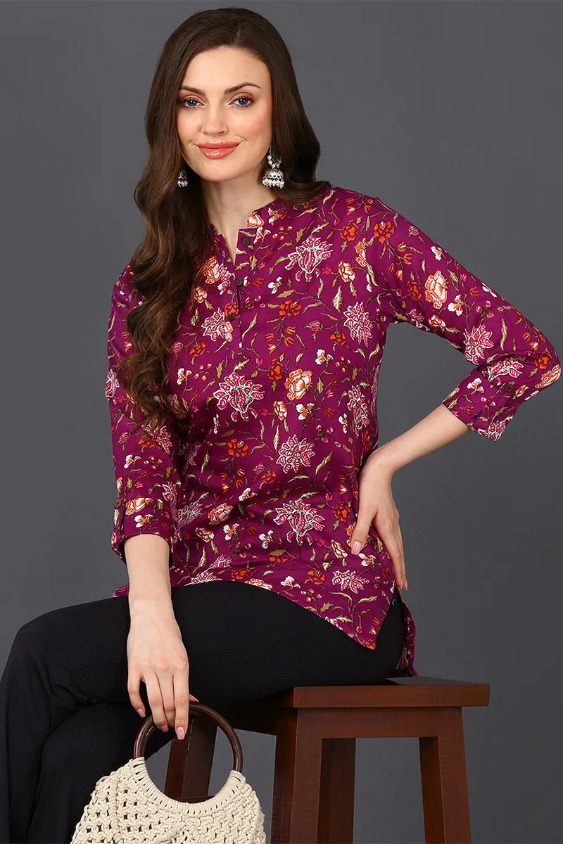 Purple Cotton Blend Floral Printed Straight Tunic