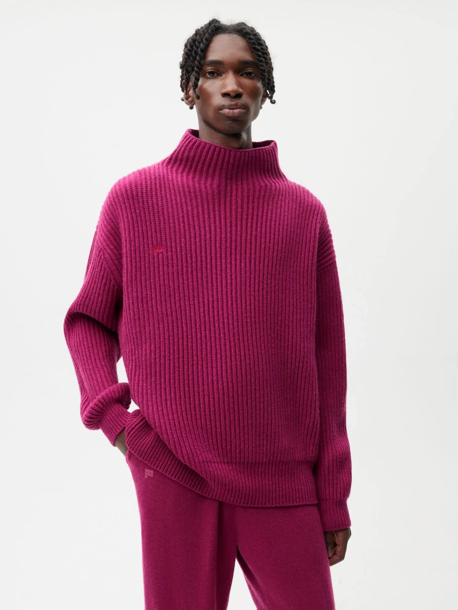 Recycled Cashmere Funnel-Neck Sweater—plum purple