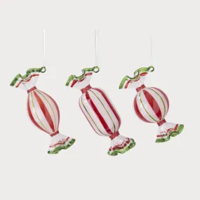 Red & White Stripe Ribbon Candy Glass Ornaments - Three Styles