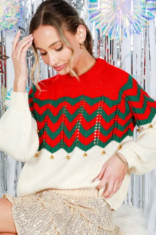 Red Wavy Striped Jingle Bell Detail Sweater