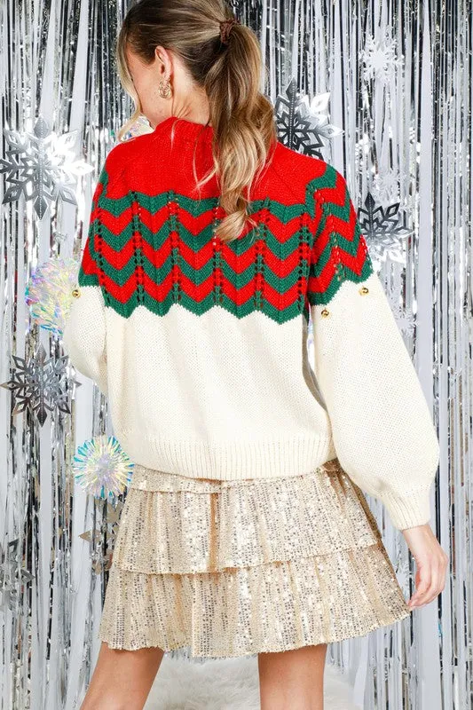 Red Wavy Striped Jingle Bell Detail Sweater