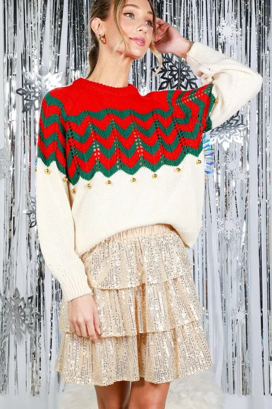 Red Wavy Striped Jingle Bell Detail Sweater