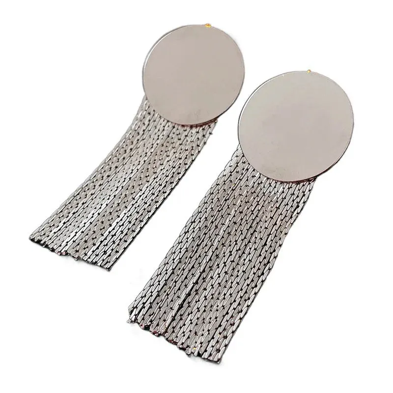 Round Metal Statement Long Gold Bling Tassel Pendant Fashion Earring