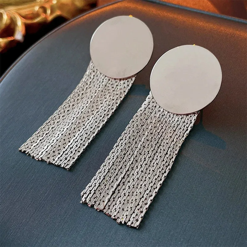 Round Metal Statement Long Gold Bling Tassel Pendant Fashion Earring