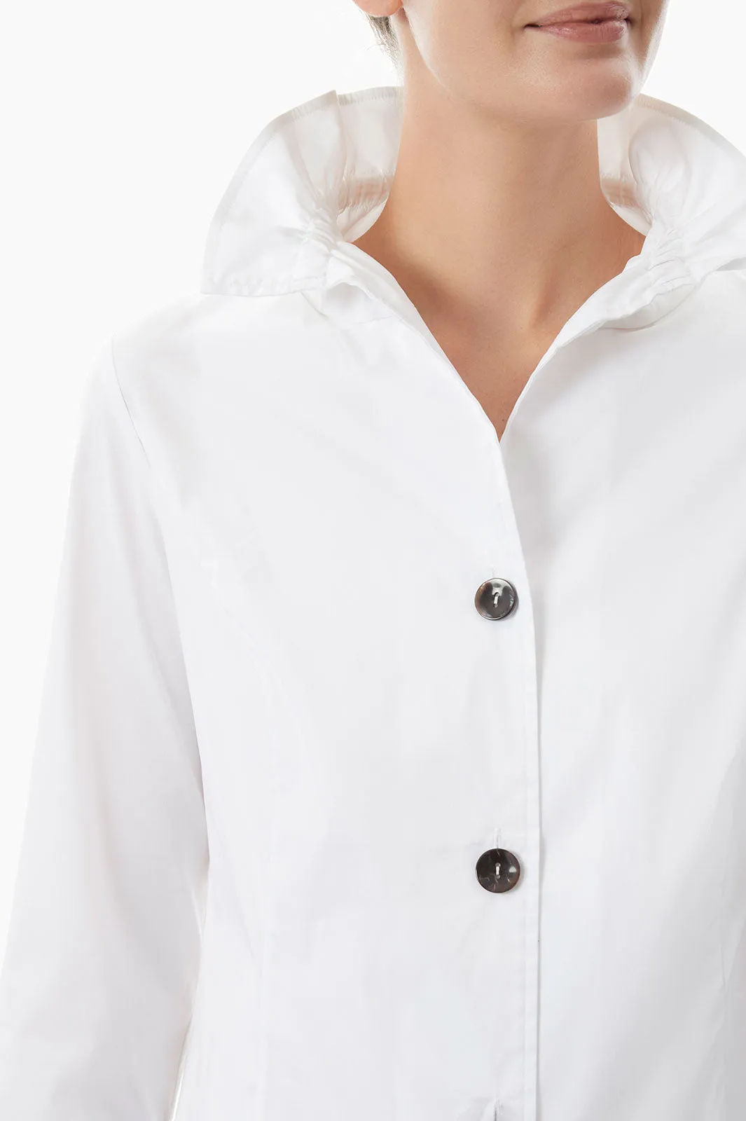 Ruffle Neck Button-Front Stretch Cotton Blouse