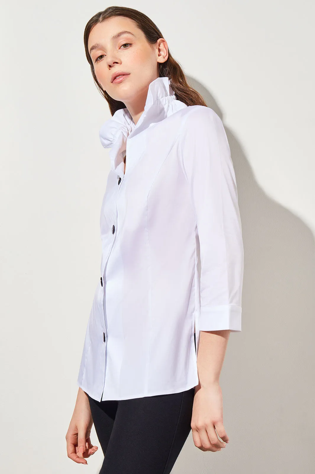 Ruffle Neck Button-Front Stretch Cotton Blouse