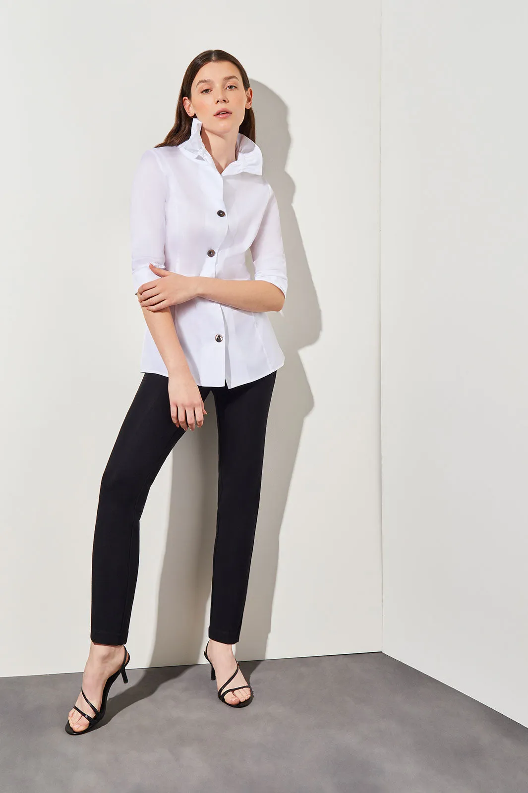 Ruffle Neck Button-Front Stretch Cotton Blouse