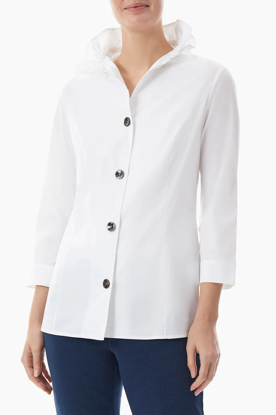 Ruffle Neck Button-Front Stretch Cotton Blouse