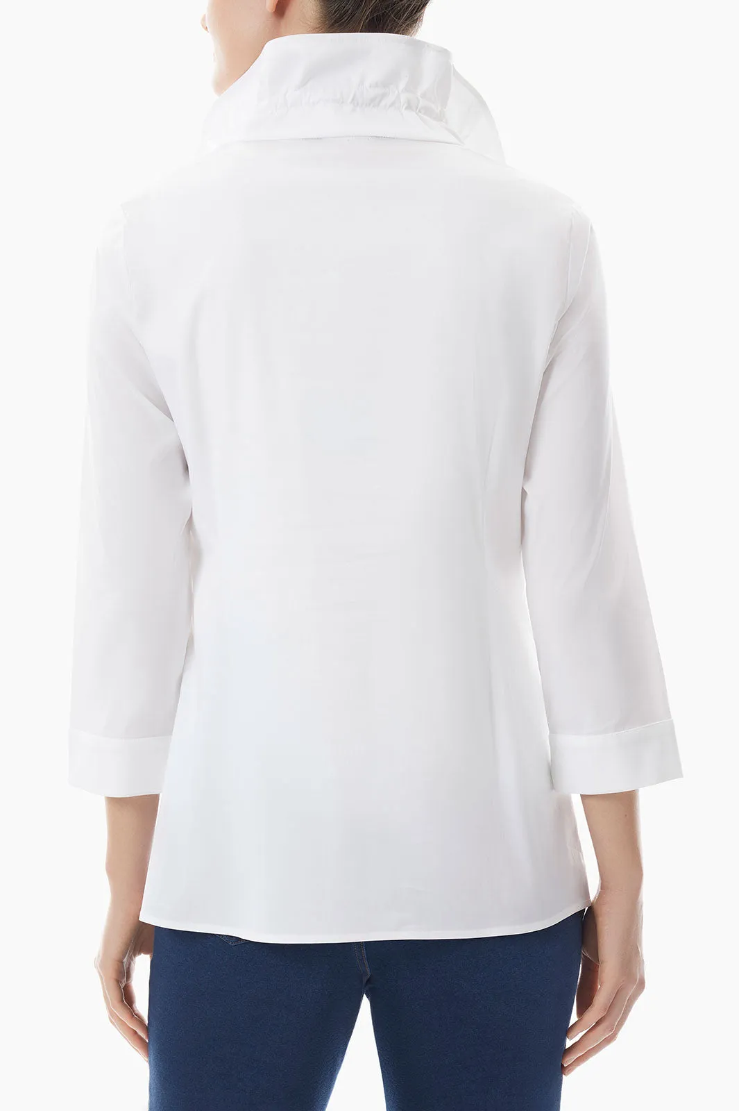 Ruffle Neck Button-Front Stretch Cotton Blouse