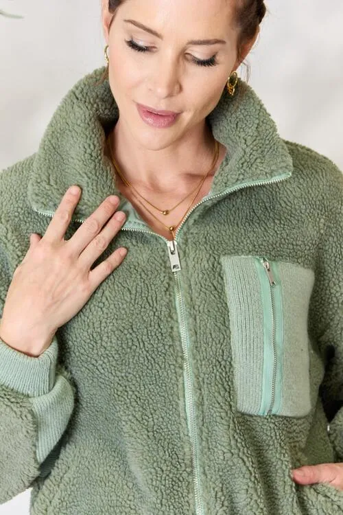 Sage Full Zip Collared Sherpa Jacket