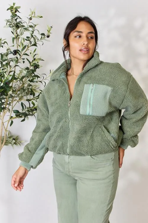 Sage Full Zip Collared Sherpa Jacket