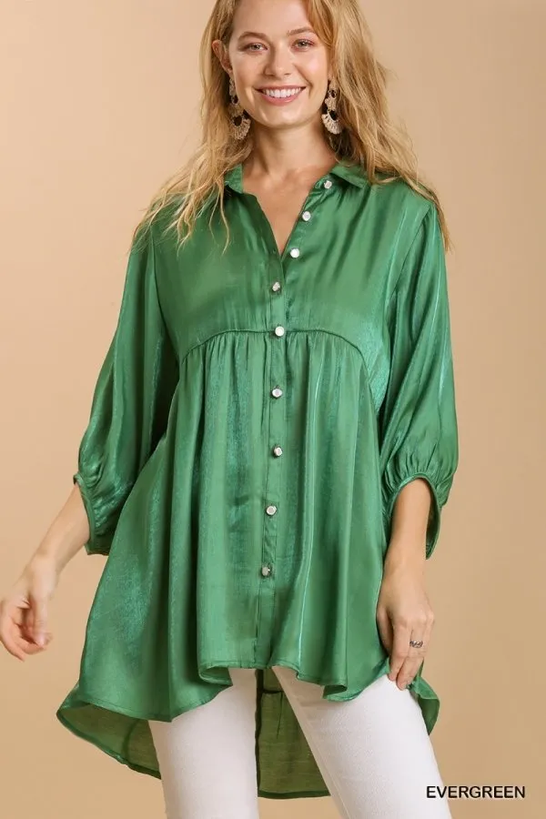 Satin 3/4 sleeve collar button down back tiered tunic dress with high-low hem