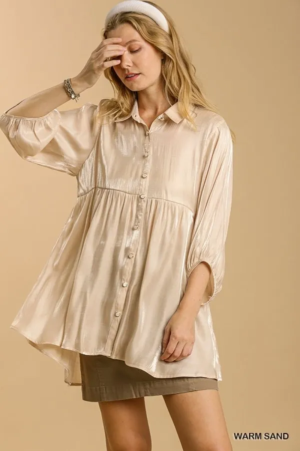 Satin 3/4 sleeve collar button down back tiered tunic dress with high-low hem