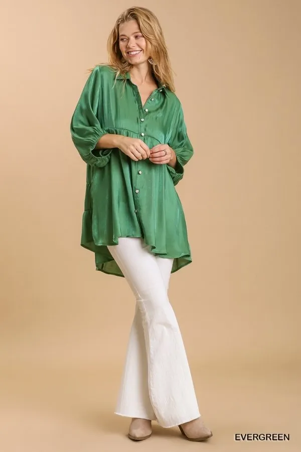 Satin 3/4 sleeve collar button down back tiered tunic dress with high-low hem