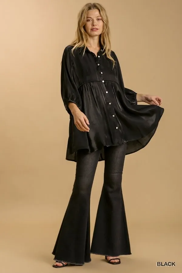 Satin 3/4 sleeve collar button down back tiered tunic dress with high-low hem