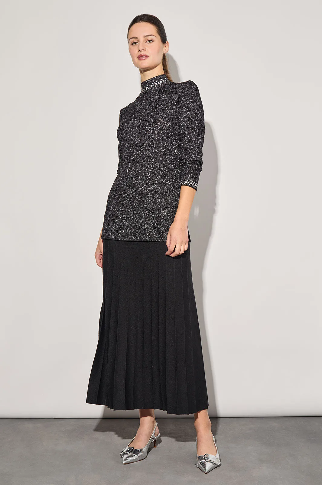 Shimmer Knit Embellished Mock Neck Tunic