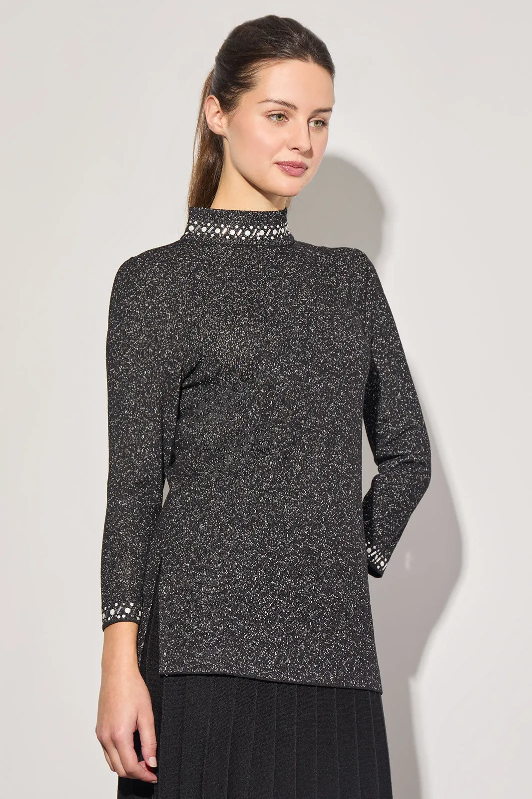 Shimmer Knit Embellished Mock Neck Tunic