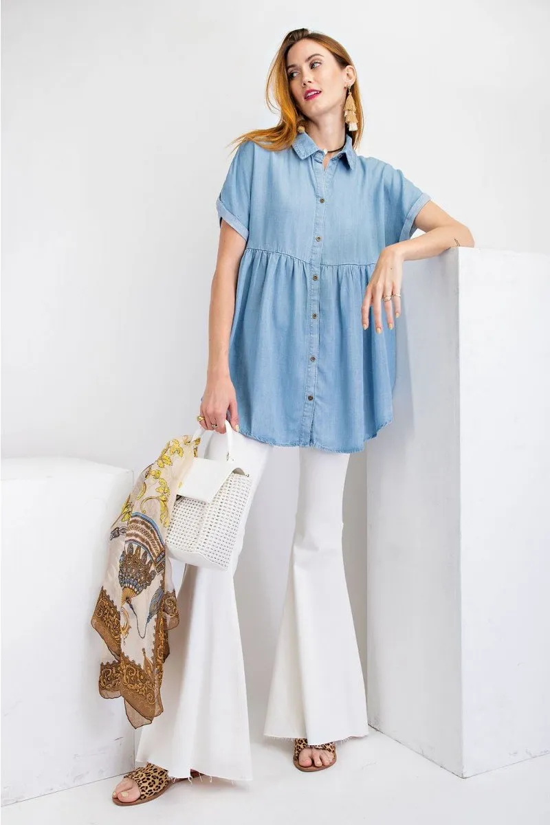 Short sleeve washed denim button down shirt tunic top