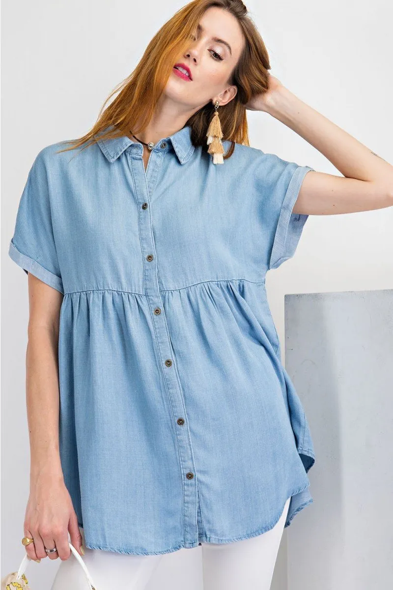 Short sleeve washed denim button down shirt tunic top