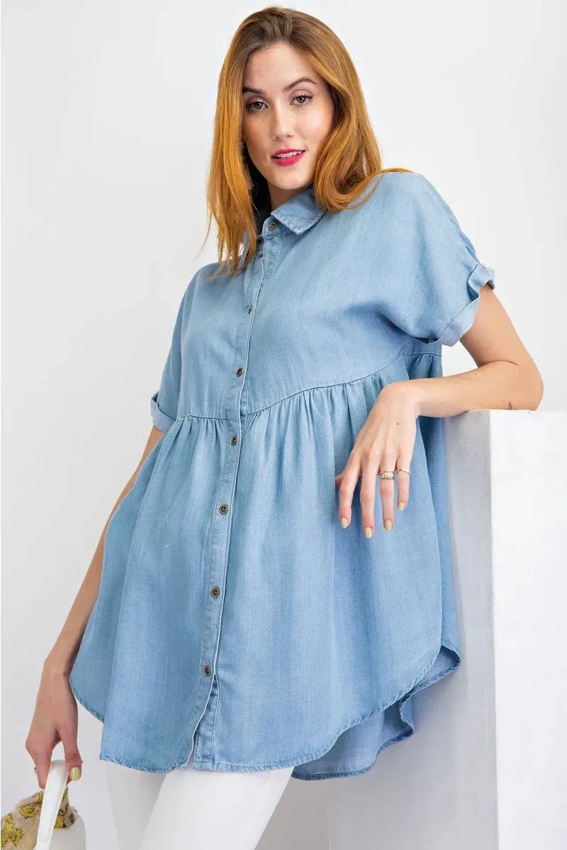 Short sleeve washed denim button down shirt tunic top