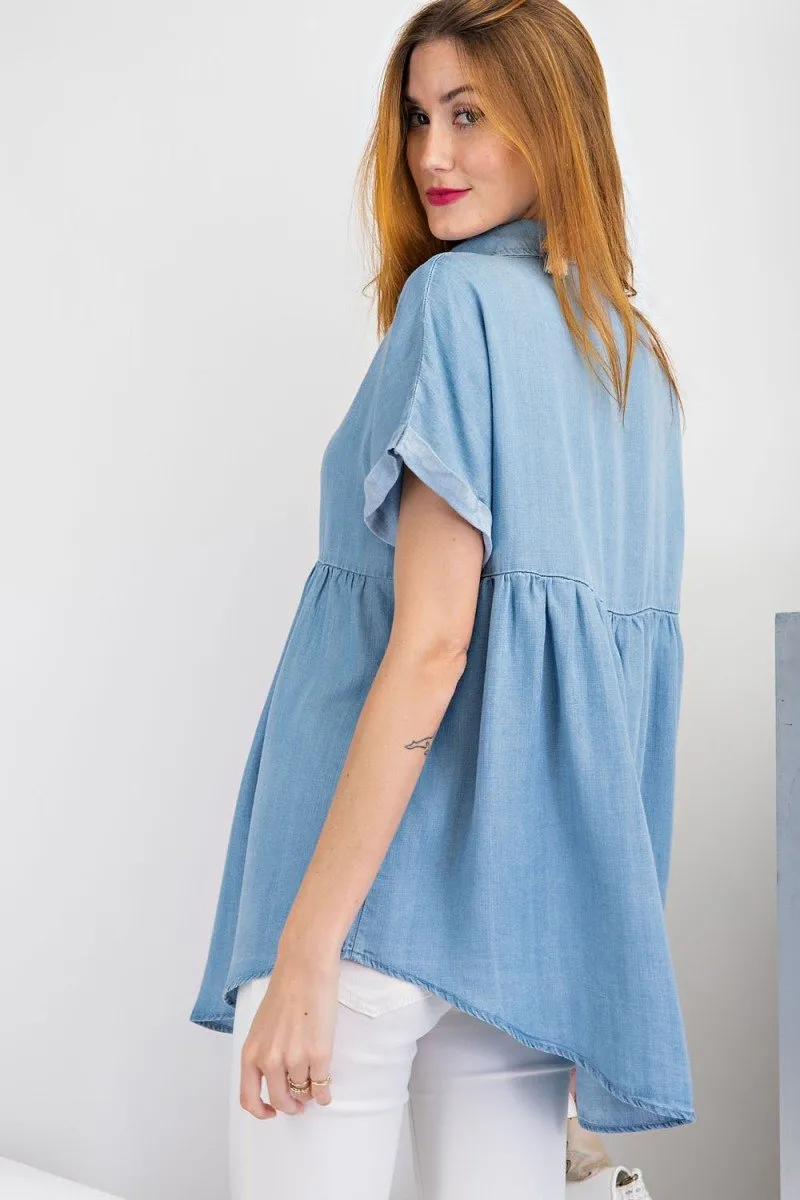 Short sleeve washed denim button down shirt tunic top