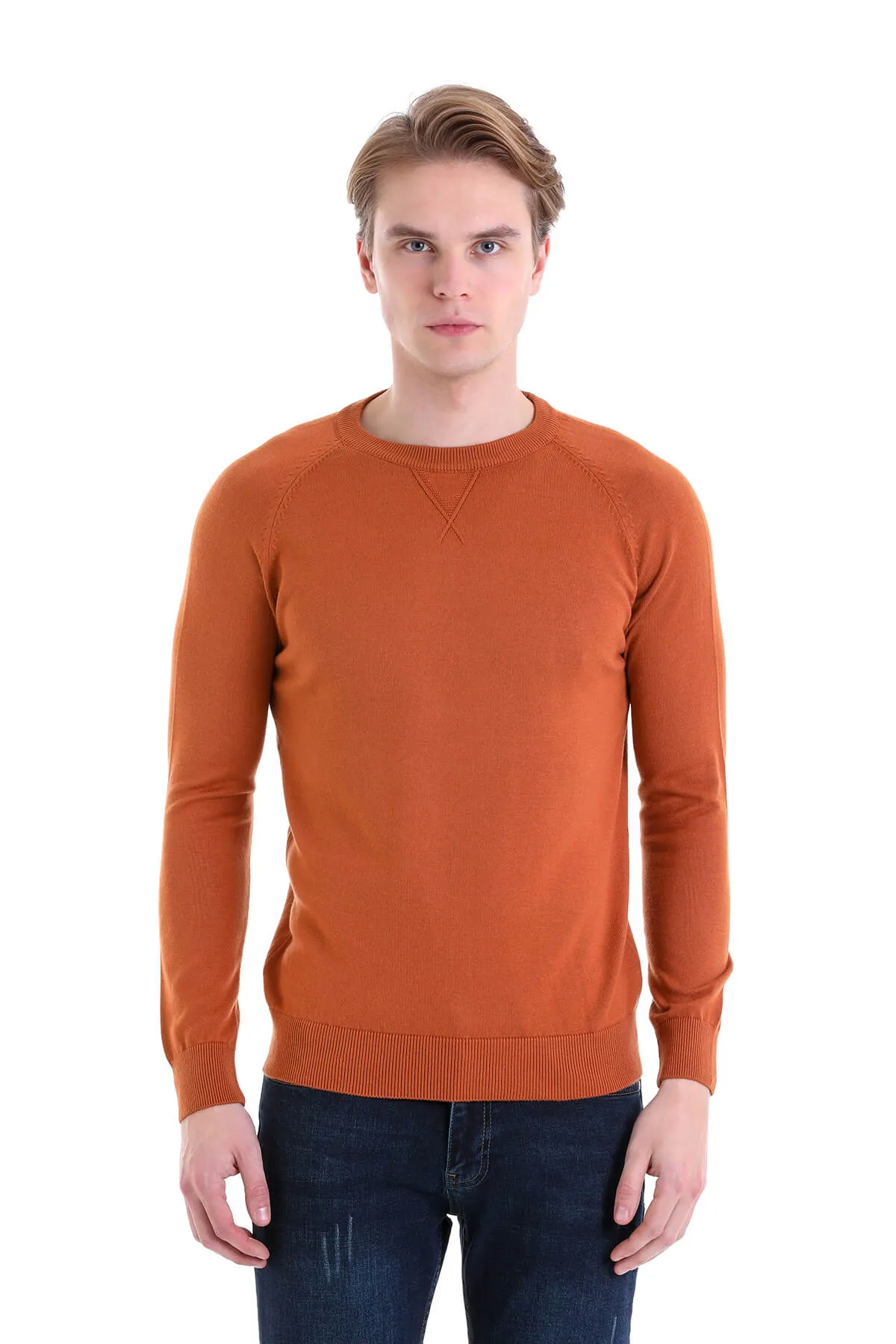 Slim Fit Brick Cotton Blend Crewneck Sweater