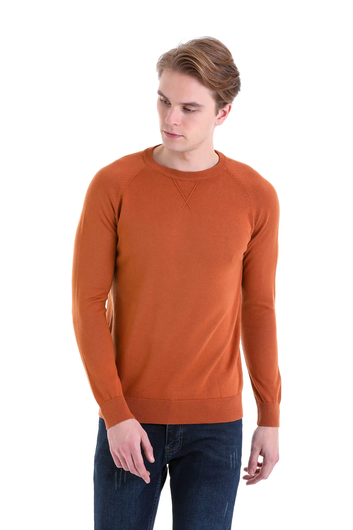 Slim Fit Brick Cotton Blend Crewneck Sweater