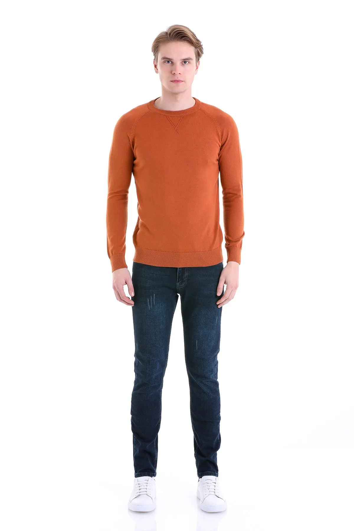 Slim Fit Brick Cotton Blend Crewneck Sweater