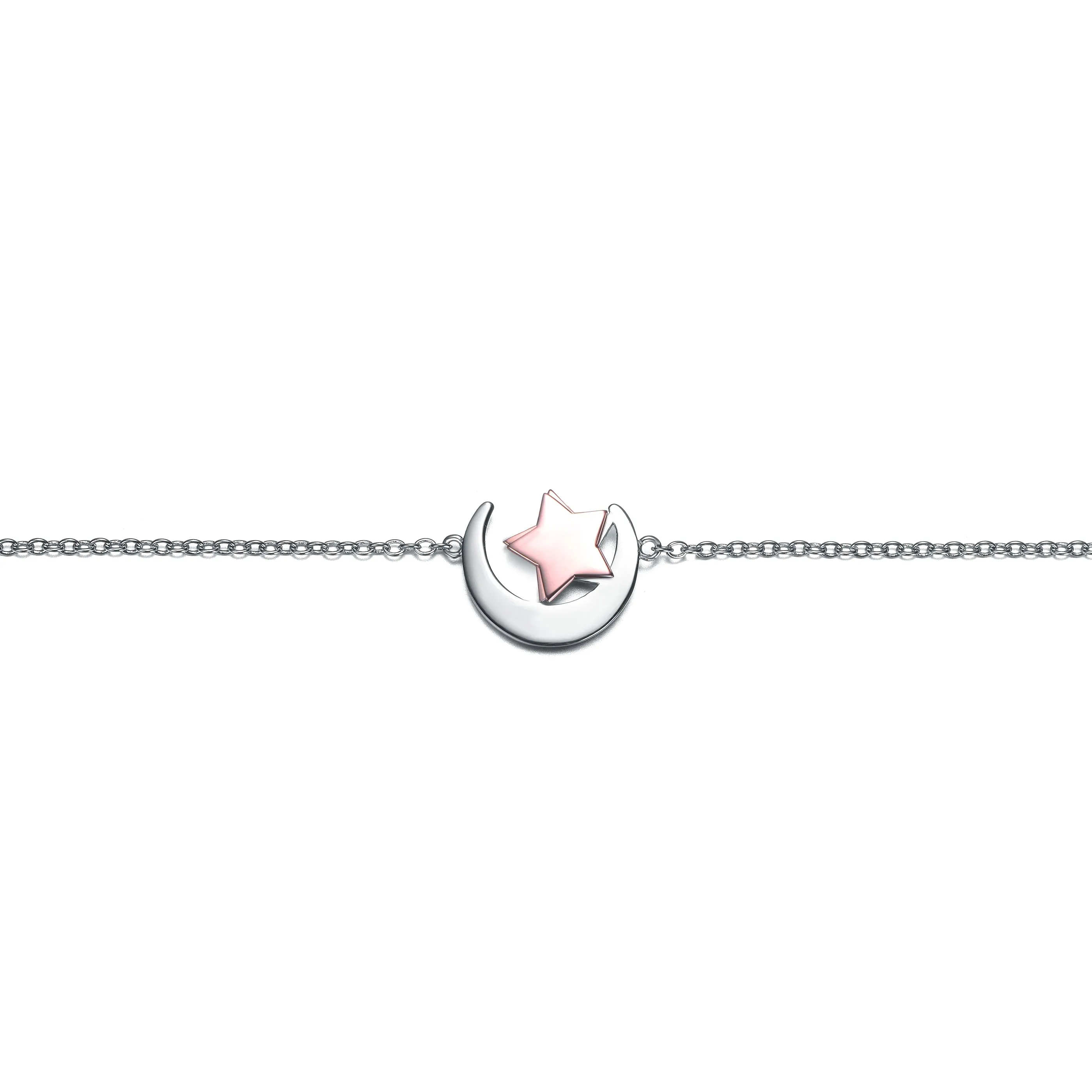 Sterling Silver 18k Rose Gold Plated Lucky Star & Crescent Moon Charm Anklet, Adjustable Length