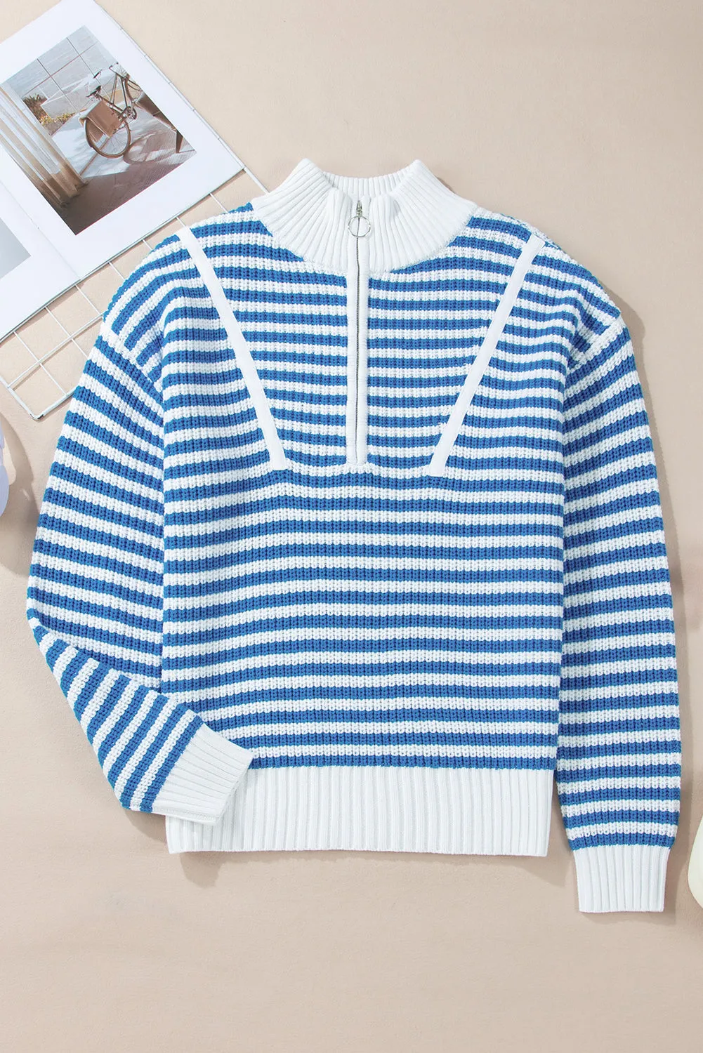 Stripe Zipper Collar Sweater