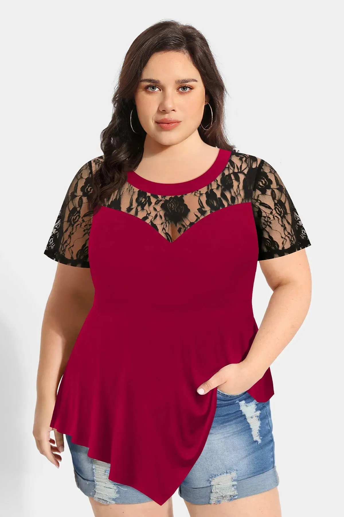 Supersoft Sexy Lace Detail Asymmetrical Hem T-Shirt